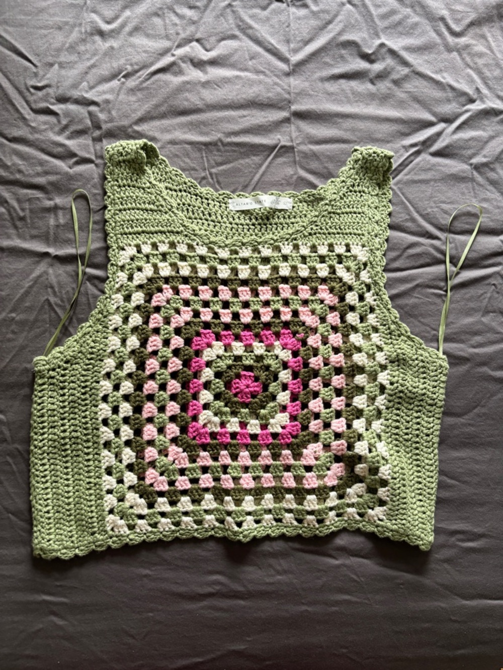 Altar'd State Crocheted Tank Top in Sage, Cream & Pink